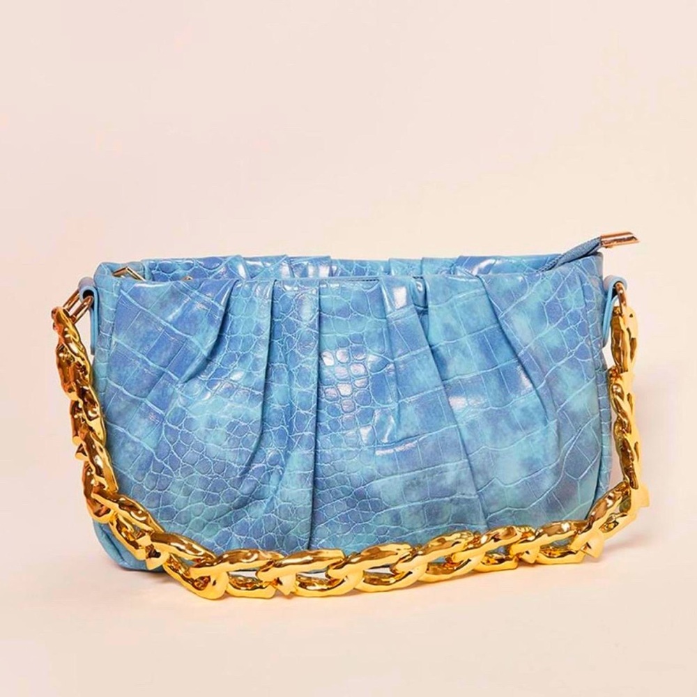 Elegant Blue Croc-Embossed Handbag with Gold Chain